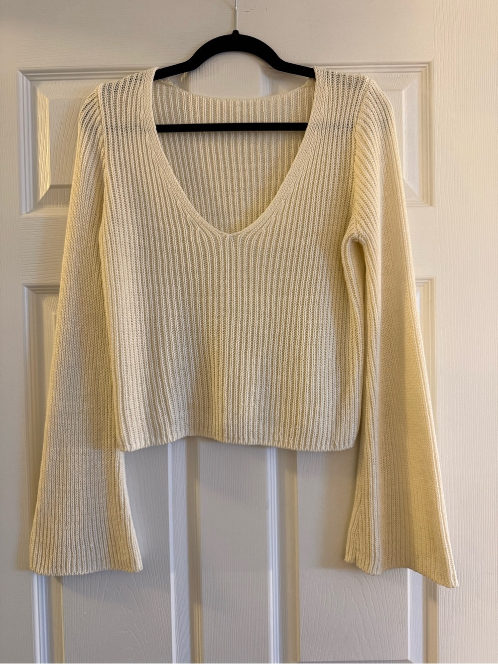 Cream Ribbed V-Neck Knit Sweater